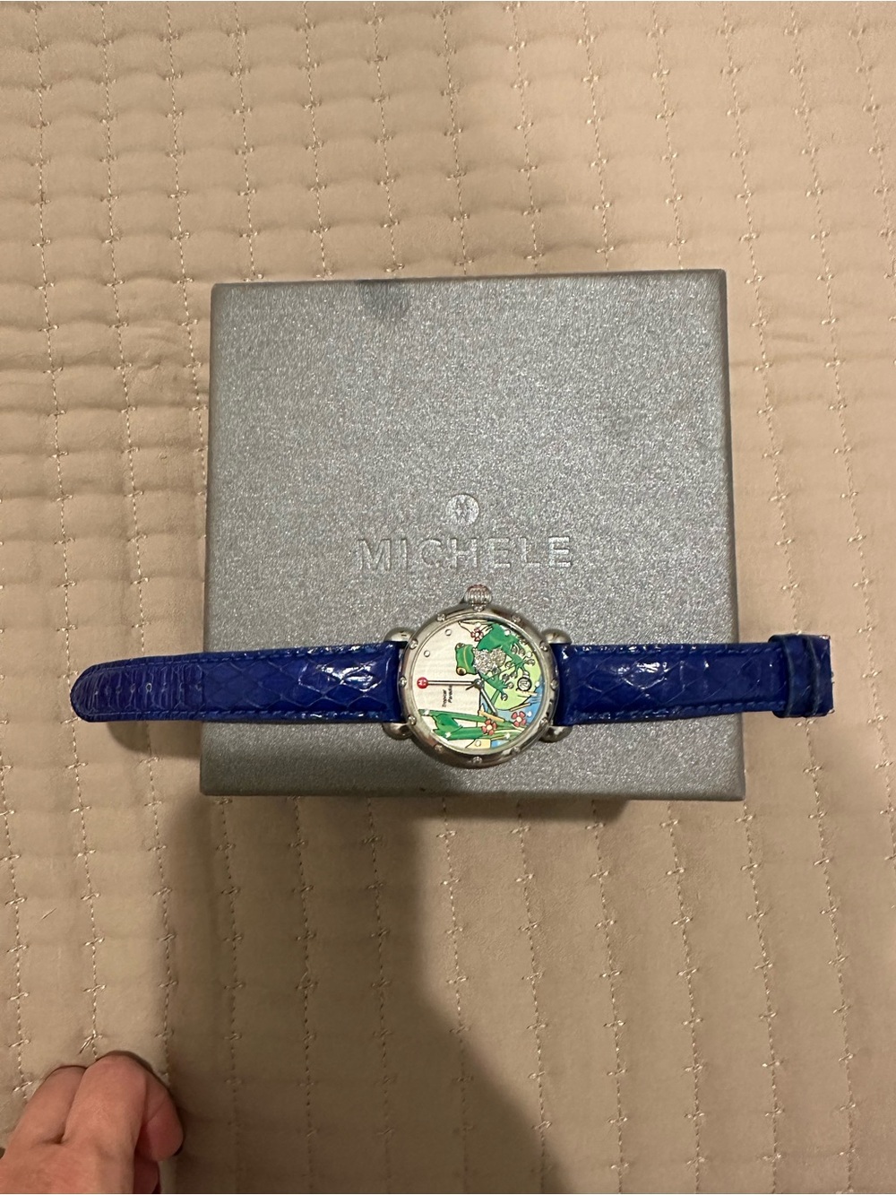 Michele Tropical Paradise Diamond Dial Watch with Blue Strap and Green Motif - Picture 9 of 11